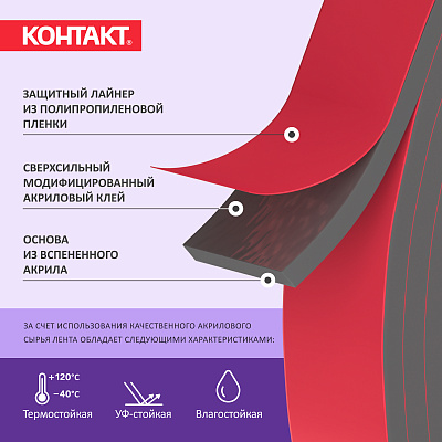 Монтажная клейкая лента "КОНТАКТ" двусторонняя, автомобильная, серая, 8мм х 2м. Монтажные клеящие ленты и принадлежности Контакт купить оптом., слайд 3